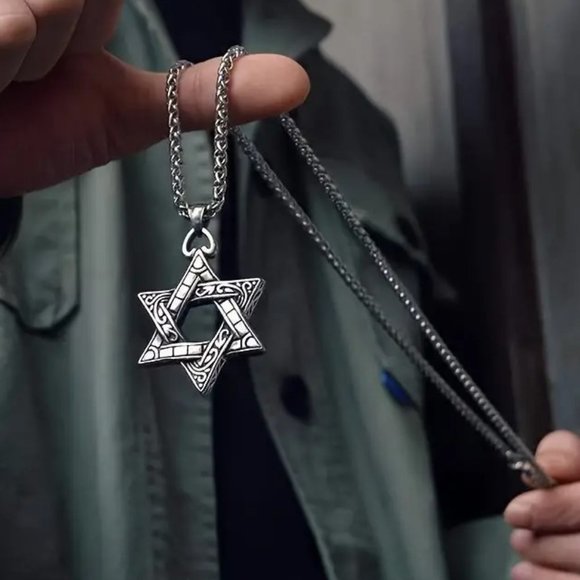 Necklace Star of David Pendant Hexagon 2 Sided Rope Chain Magic Silver Religion - Picture 3 of 4
